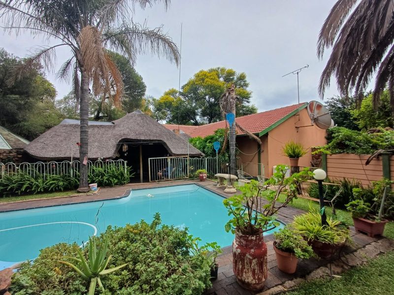 Outdoor pool area featuring a swimming pool, brick paving, and a traditional thatch roof lapa structure in a garden setting.
