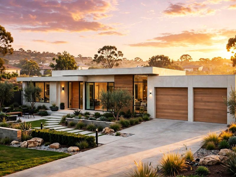 A modern single-story residence featuring a double garage, concrete driveway, and professionally landscaped front garden at sunset.
