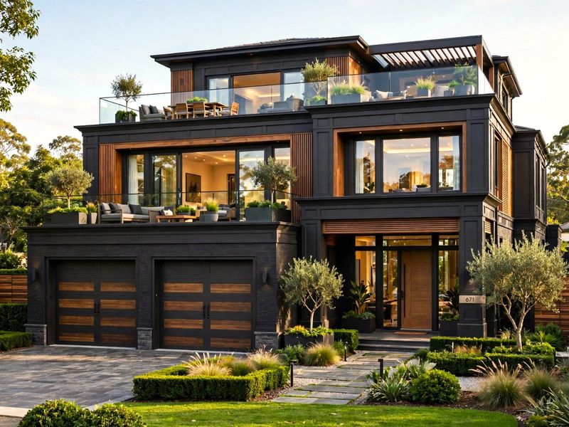 Modern luxury residence featuring a double garage, expansive glass balconies, timber accents, and professionally landscaped front gardens.