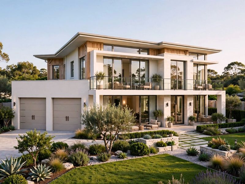 A modern two-story luxury residence featuring a double garage, expansive glass sliding doors, a spacious balcony, and beautifully landscaped tiered gardens.