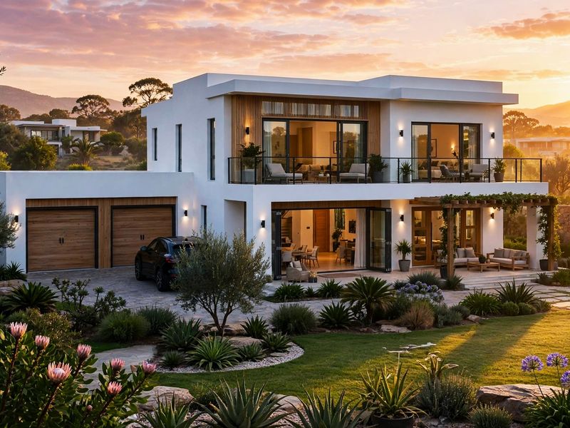 Modern two-story luxury residence featuring a double garage, spacious balcony, ground-floor patio, and beautifully landscaped garden at sunset.