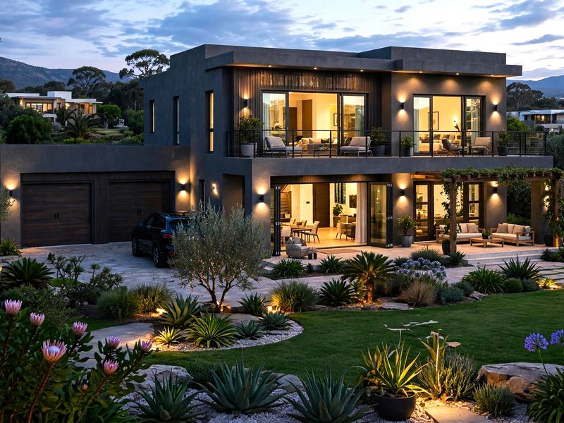 A modern two-story residential property featuring a spacious balcony, covered patio, double garage, and beautifully landscaped garden with integrated exterior lighting.