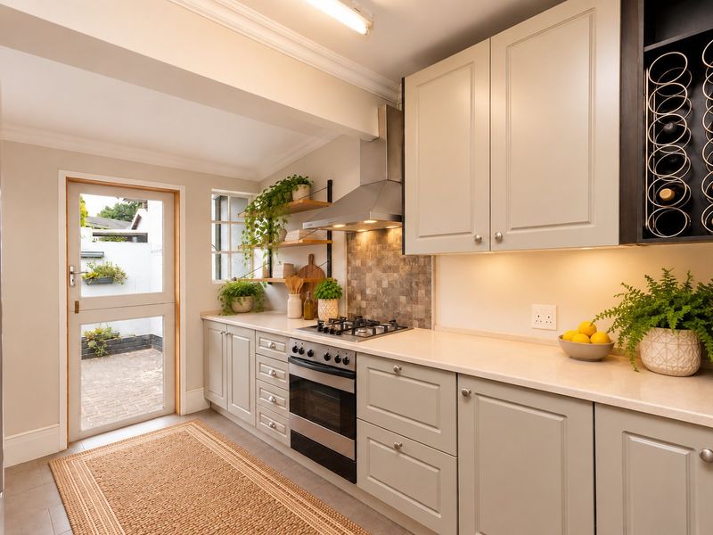 Modern kitchen featuring light-toned cabinetry, stone countertops, built-in gas hob and oven, stainless steel extractor, and direct access to a paved outdoor area.