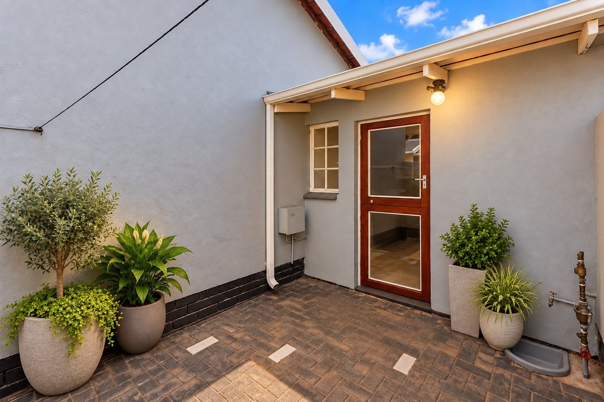 A well-maintained paved rear courtyard area featuring a secure external door, guttering, and an outdoor water tap.