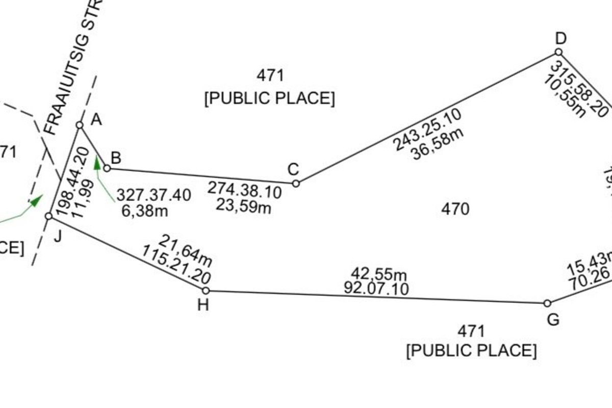 A detailed survey diagram showing the boundary measurements and layout of the residential land parcel.