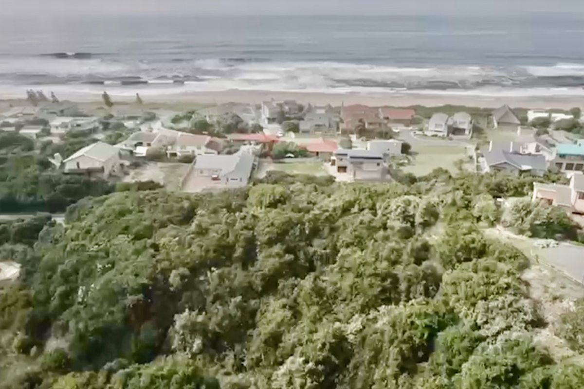 An aerial view of a coastal residential area featuring dense vegetation and proximity to the ocean.