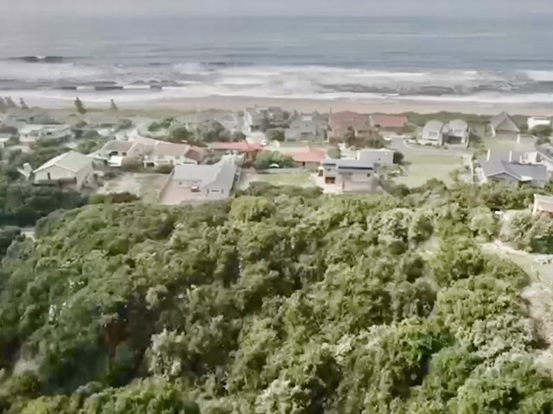 An aerial view of a coastal residential area featuring dense vegetation and proximity to the ocean.