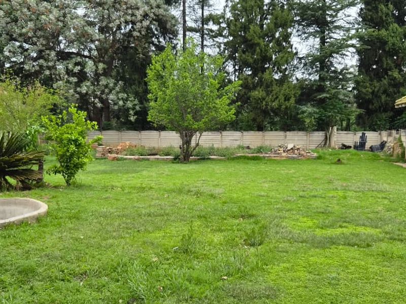 Spacious rear garden featuring a large lawn, mature trees, a concrete water feature, and a brick-clad house exterior with a tiled roof.