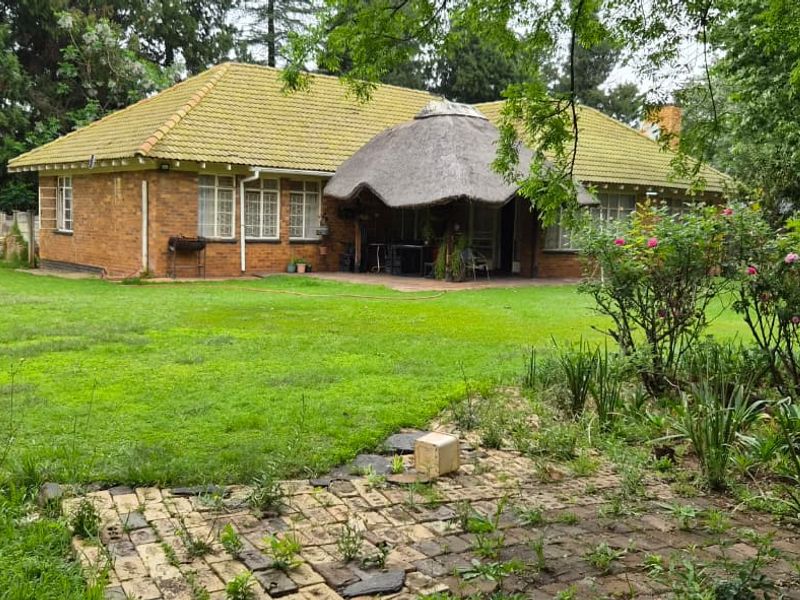 Rear view of a brick house featuring a thatched roof patio, established garden, and paved pathway.
