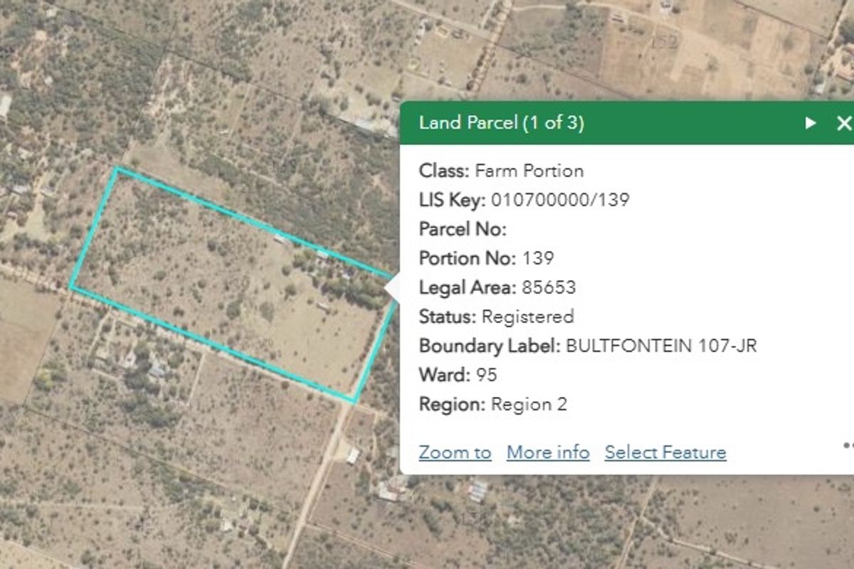 An aerial view of a farm portion land parcel, showing the property boundaries and surrounding landscape.