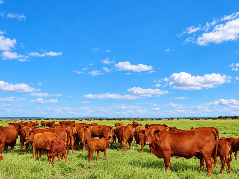 A wide-angle view of a lush green pasture on a farm, featuring a herd of cattle grazing under a clear blue sky.