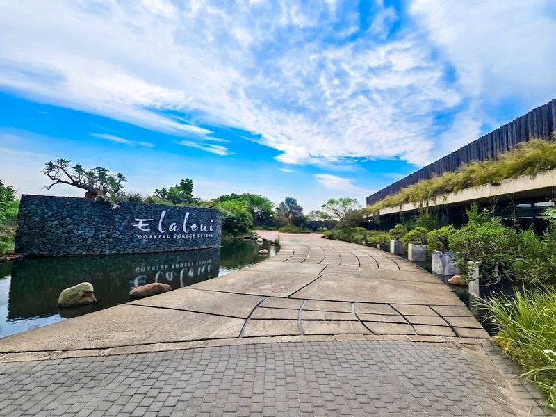 The entrance to Elaleni Coastal Forest Estate features a striking stone wall, a tranquil water feature, and a modern paved walkway.