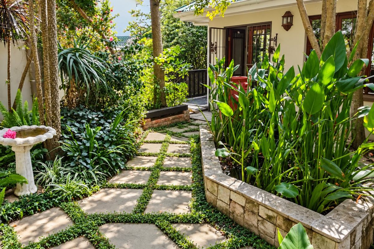 A lush, well-maintained garden featuring a stone-paved pathway, a raised stone planter with aquatic plants, and mature trees leading to the home entrance.