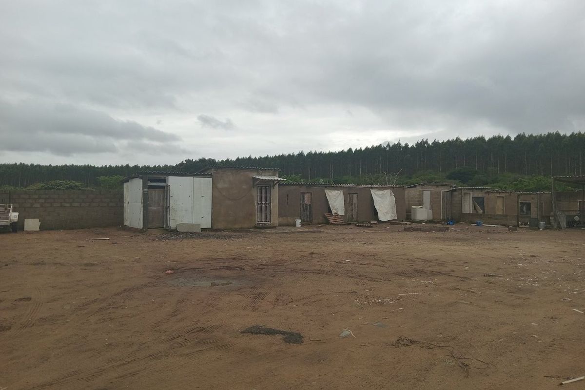 A view of a rear exterior area featuring a series of basic, weathered structures with unfinished walls and a large, unpaved dirt yard.