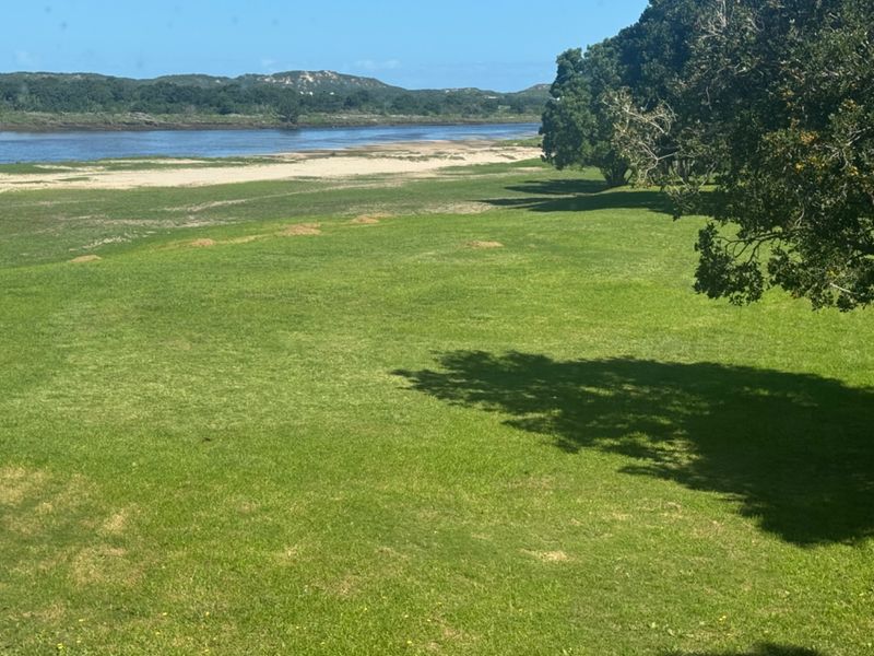 A scenic view overlooking a lush green lawn, mature trees, and a tranquil river landscape.