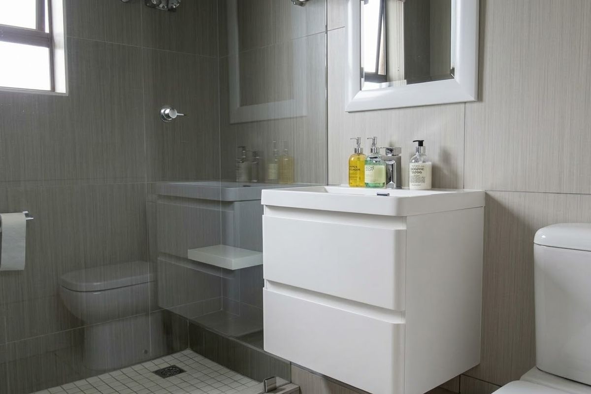 Modern bathroom featuring a wall-mounted vanity, glass-enclosed shower, and neutral tiled finishes, providing a clean and contemporary aesthetic.