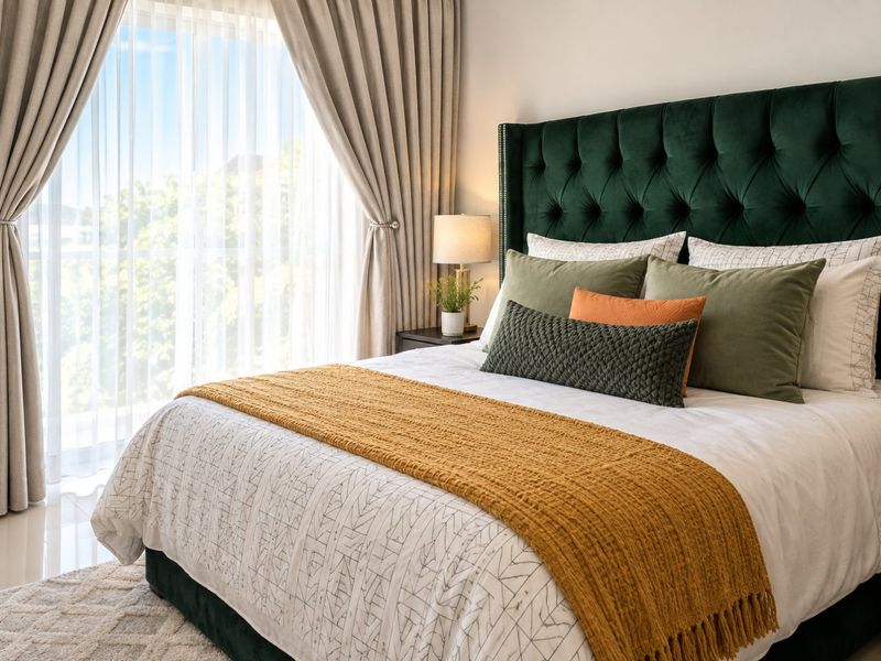 A well-lit, modern bedroom featuring tiled flooring and a large sliding glass door that provides ample natural light.