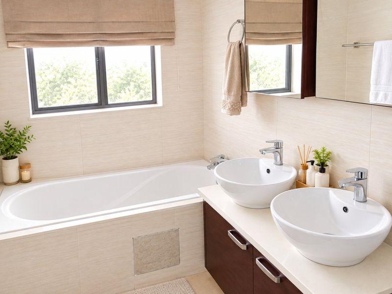 Modern bathroom featuring a double vanity with vessel sinks, chrome fixtures, and a built-in bathtub with neutral wall tiling.