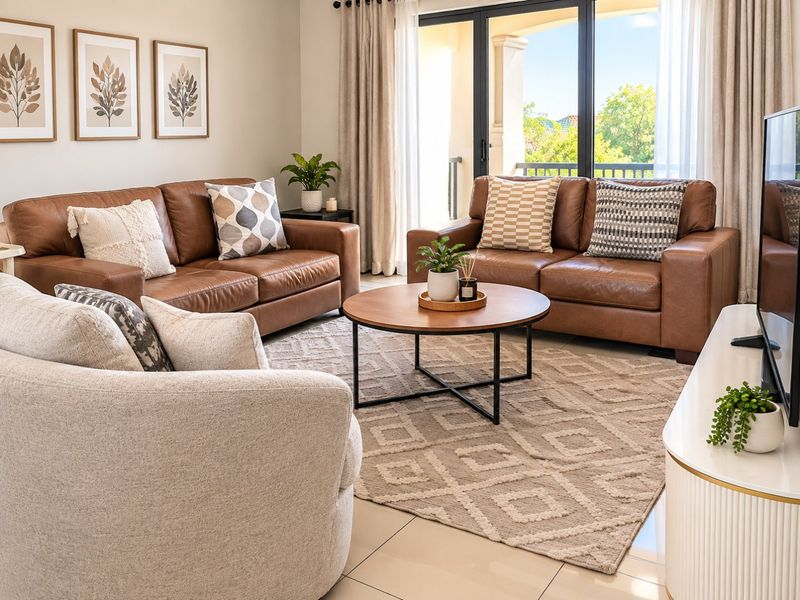 A well-lit living room featuring tiled flooring and large sliding glass doors that provide access to an outdoor balcony area.