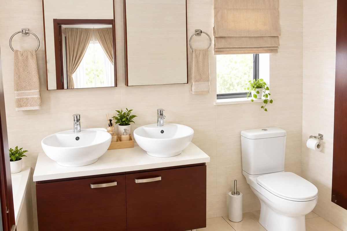 Modern bathroom featuring a double vanity with vessel sinks, chrome fixtures, and neutral wall tiling, creating a clean and functional space.