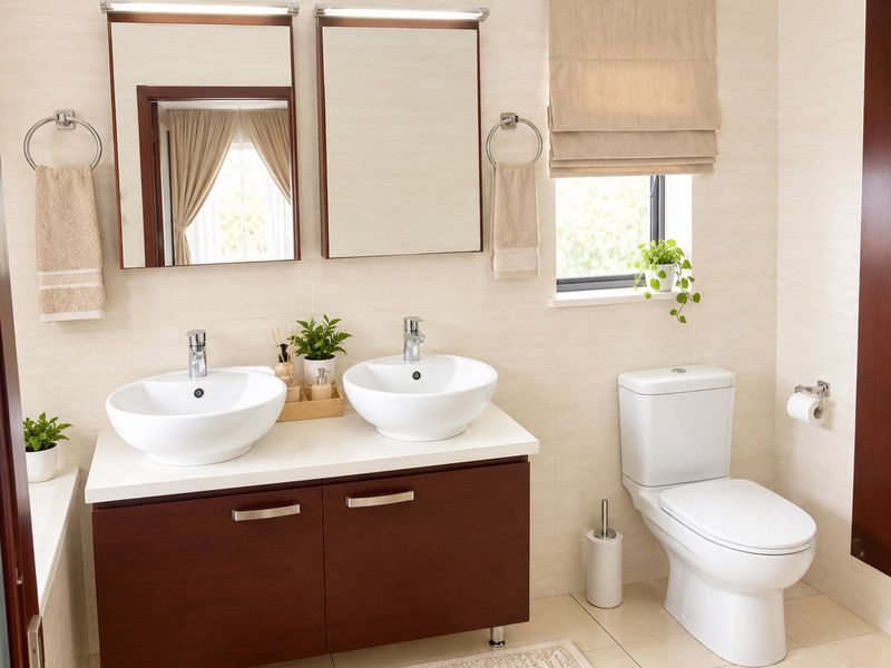 Modern bathroom featuring a double vanity with vessel sinks, chrome fixtures, and neutral wall tiling, creating a clean and functional space.