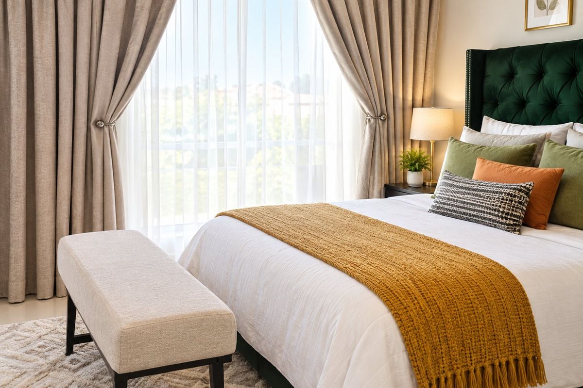 A well-lit bedroom featuring a large window with floor-to-ceiling curtains, providing ample natural light and a pleasant outlook.