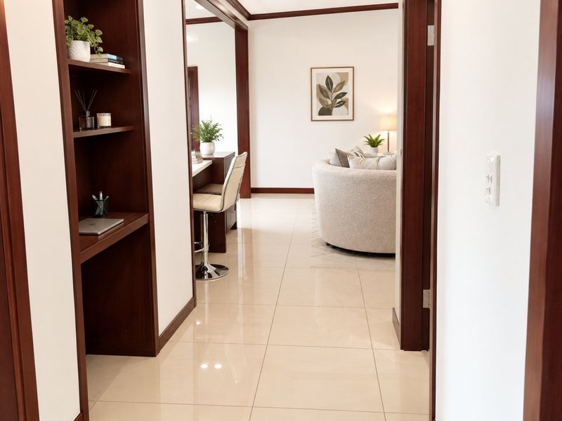 A bright hallway featuring polished tiled flooring and dark timber door frames, leading into an open-plan living area with built-in shelving.
