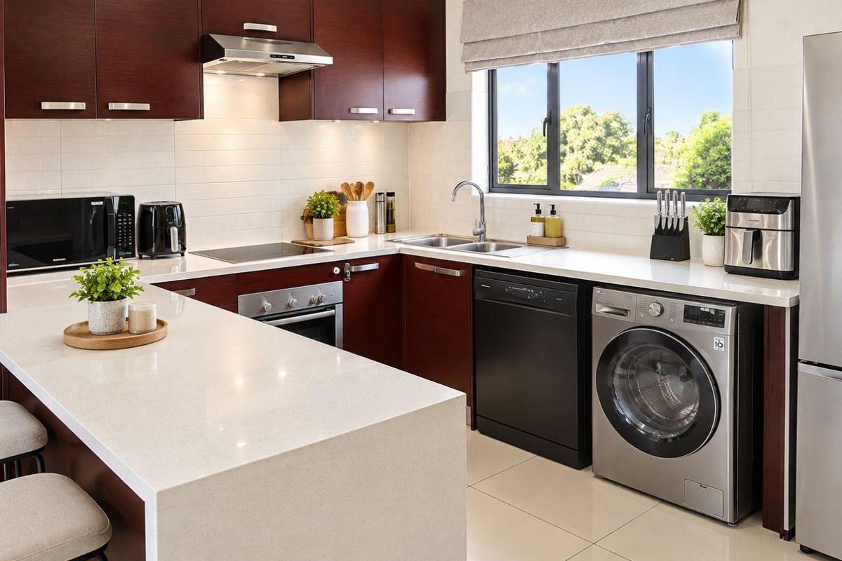 Modern kitchen featuring dark wood cabinetry, stone countertops, integrated appliances, and a convenient breakfast island, complemented by neutral tiled flooring and natural light.