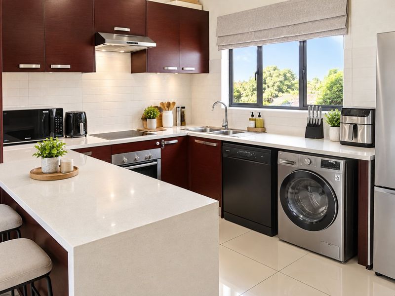 Modern kitchen featuring dark wood cabinetry, stone countertops, integrated appliances, and a convenient breakfast island, complemented by neutral tiled flooring and natural light.