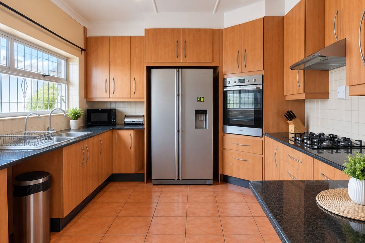A functional kitchen featuring warm-toned wooden cabinetry, granite countertops, built-in oven, gas hob, and tiled flooring with ample storage space.