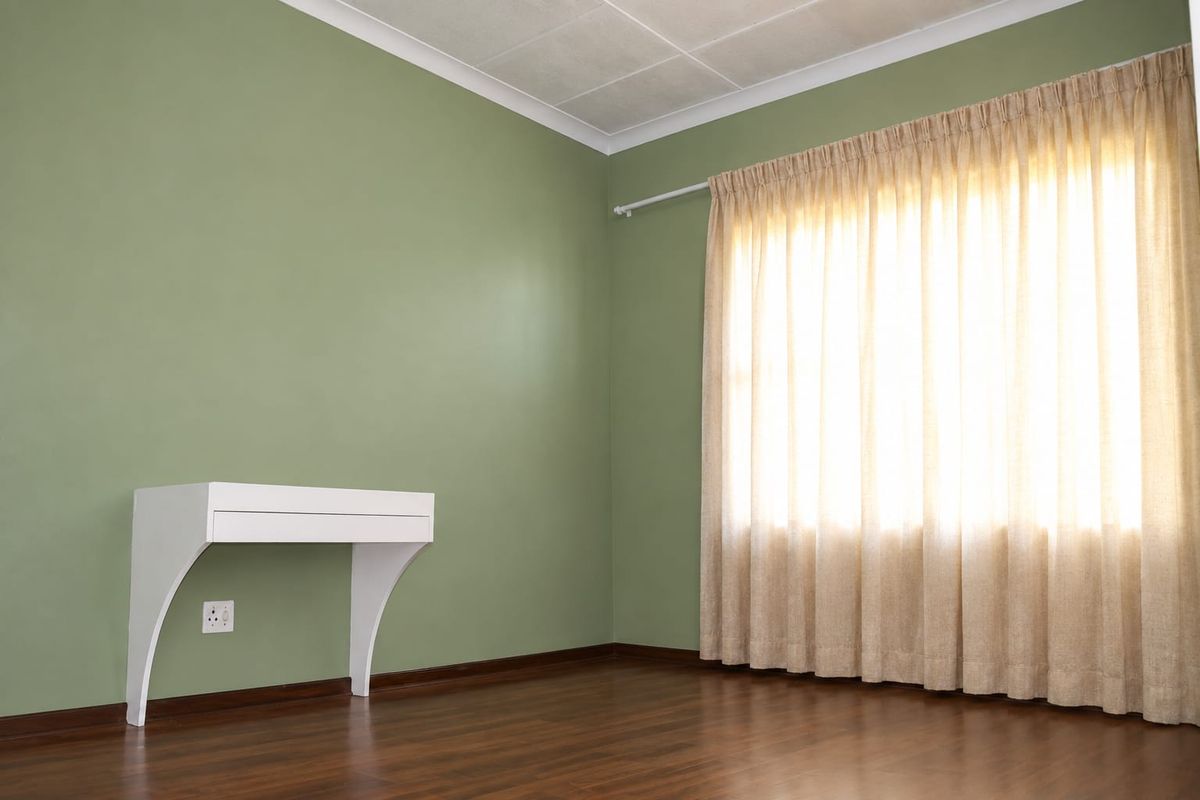 A bright, empty bedroom featuring green walls, dark laminate flooring, and a large window with installed curtain rails.