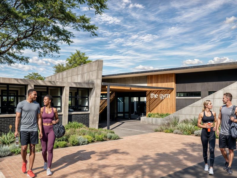 Modern gym facility exterior featuring contemporary concrete and timber architectural elements with a paved entrance and landscaped garden.