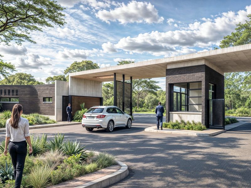 Modern gated entrance featuring a concrete canopy, brick security gatehouse, and landscaped driveway approach.