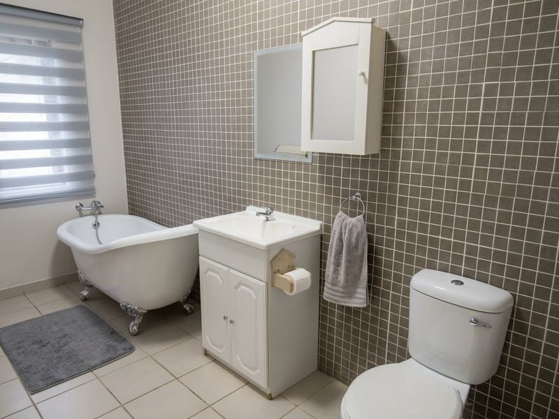 A well-maintained bathroom featuring a classic clawfoot bathtub, a vanity unit with a basin, and a toilet against a tiled feature wall.