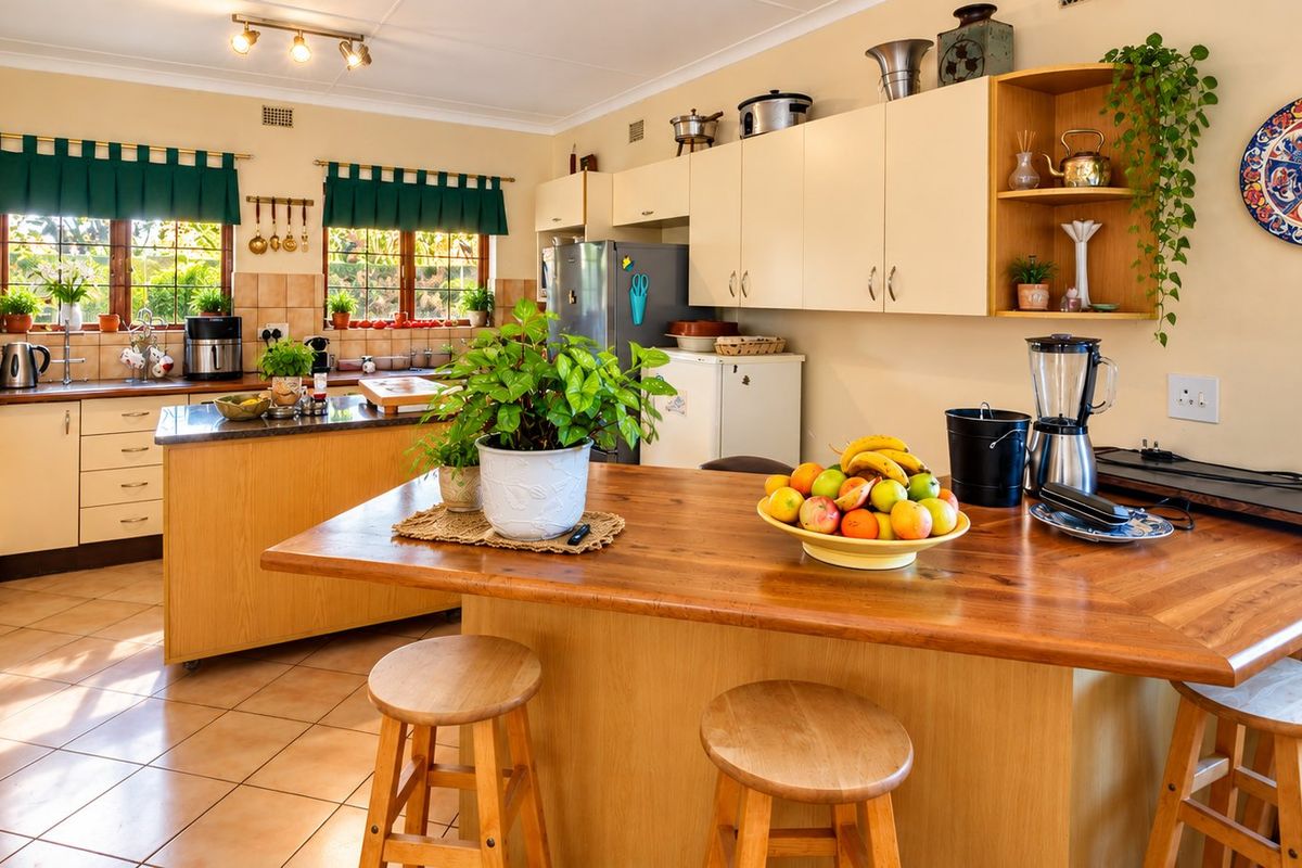 A functional kitchen featuring wooden cabinetry, a central island with breakfast bar seating, tiled flooring, and a tiled backsplash.