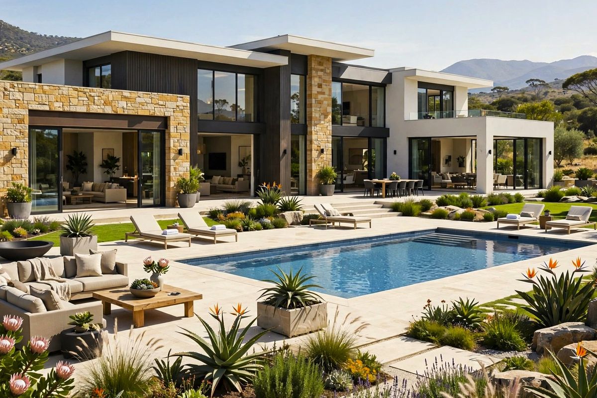 A luxurious modern residence featuring a swimming pool, expansive paved patio, and beautifully landscaped gardens with stone-clad architectural details.