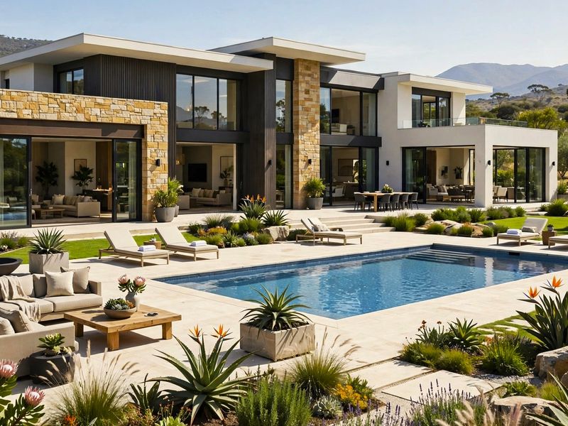 A luxurious modern residence featuring a swimming pool, expansive paved patio, and beautifully landscaped gardens with stone-clad architectural details.