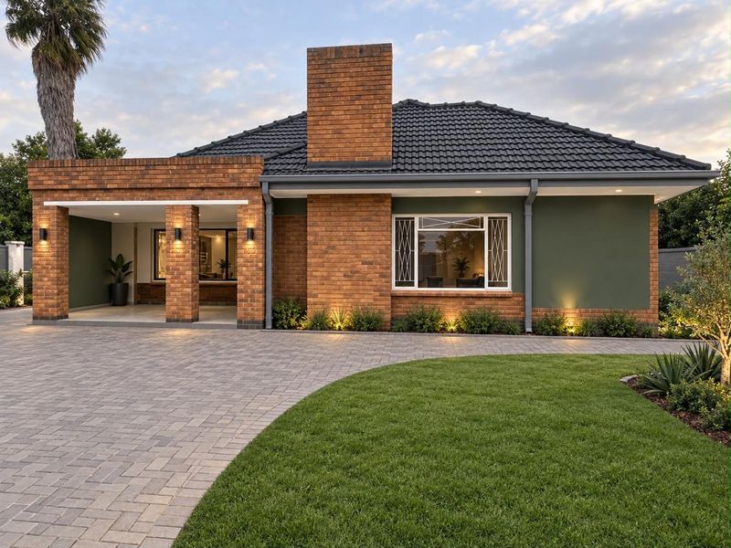 A beautifully maintained single-story home featuring a classic brick facade, tiled roof, paved driveway, and manicured garden with integrated exterior lighting.