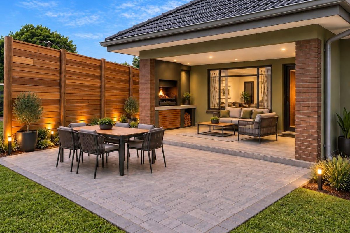 A beautifully maintained covered patio featuring a built-in braai, brick pillars, and modern tiled flooring, perfect for outdoor entertaining and relaxation.