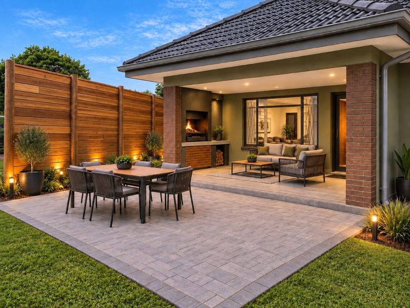 A beautifully maintained covered patio featuring a built-in braai, brick pillars, and modern tiled flooring, perfect for outdoor entertaining and relaxation.