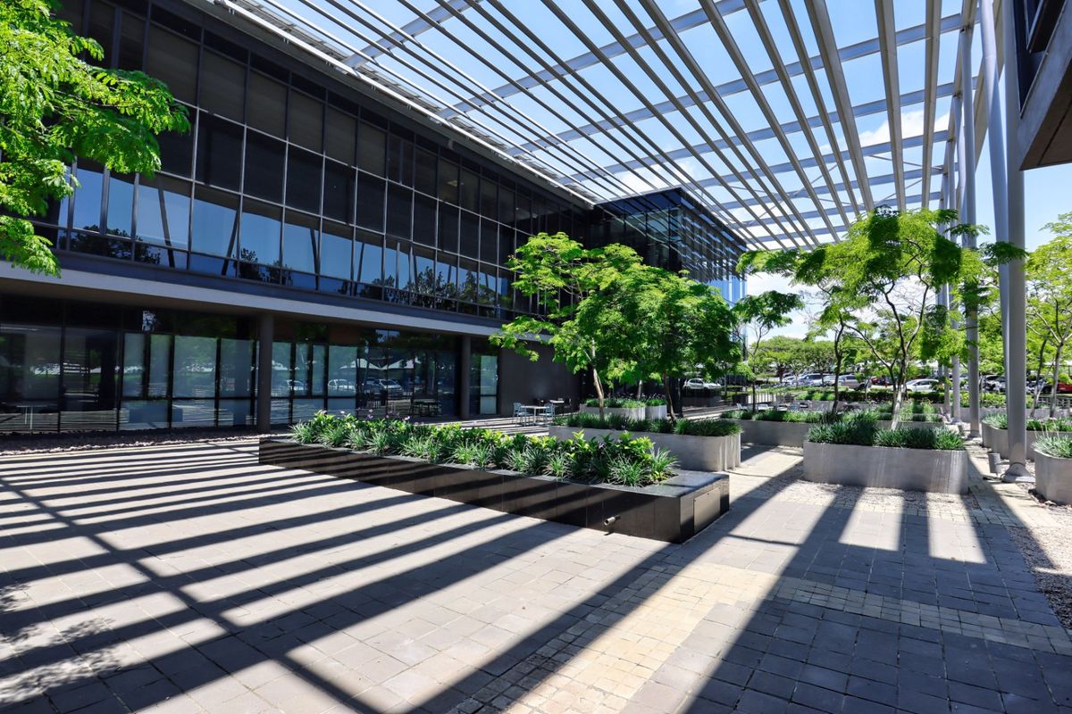 Modern commercial courtyard featuring a large metal pergola, paved surfaces, and integrated raised concrete planters against a glass-fronted office building.