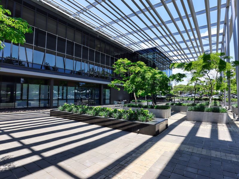 Modern commercial courtyard featuring a large metal pergola, paved surfaces, and integrated raised concrete planters against a glass-fronted office building.