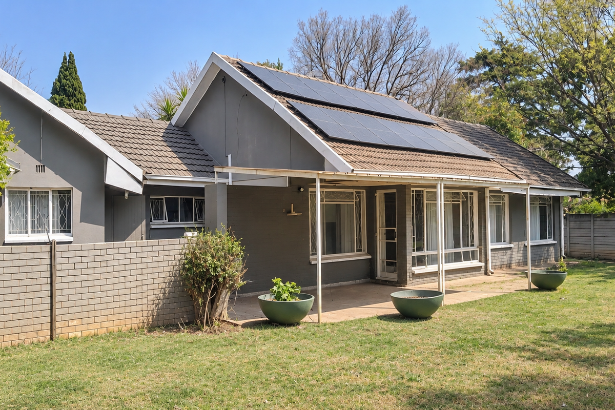 Rear view of the house featuring a tiled roof with installed solar panels, a covered patio area, and a brick boundary wall.