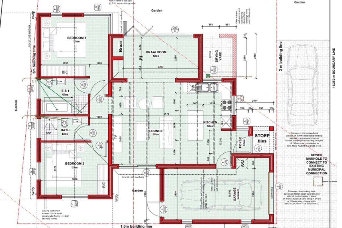 Architectural floor plan detailing the layout of a two-bedroom house with an open-plan kitchen, lounge, braai room, and garage.