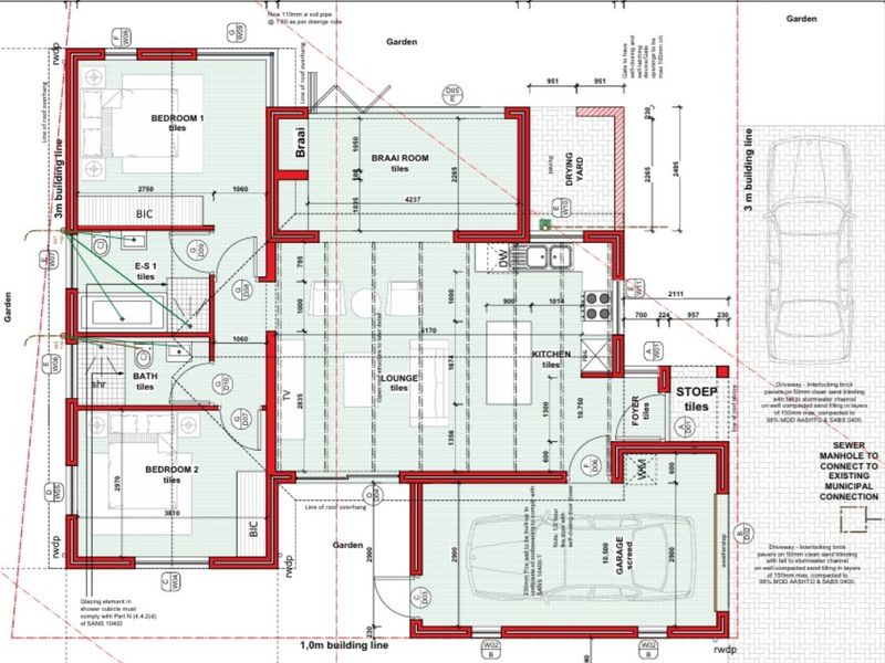 Architectural floor plan detailing the layout of a two-bedroom house with an open-plan kitchen, lounge, braai room, and garage.