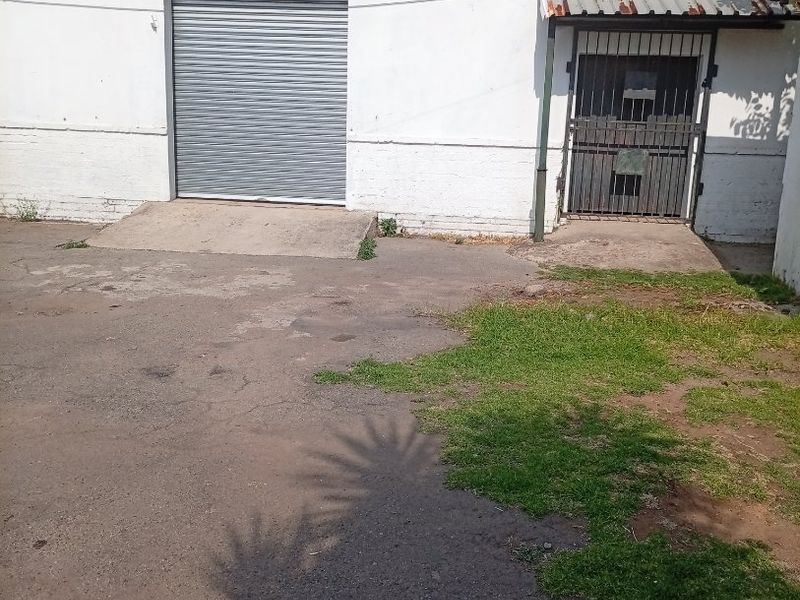 Rear exterior view featuring a roller shutter door, security gate, and concrete ramp access with an asphalt driveway.