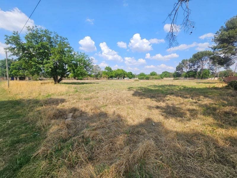 A wide-angle view of a vacant residential plot featuring established trees and open grassy terrain, suitable for future development.