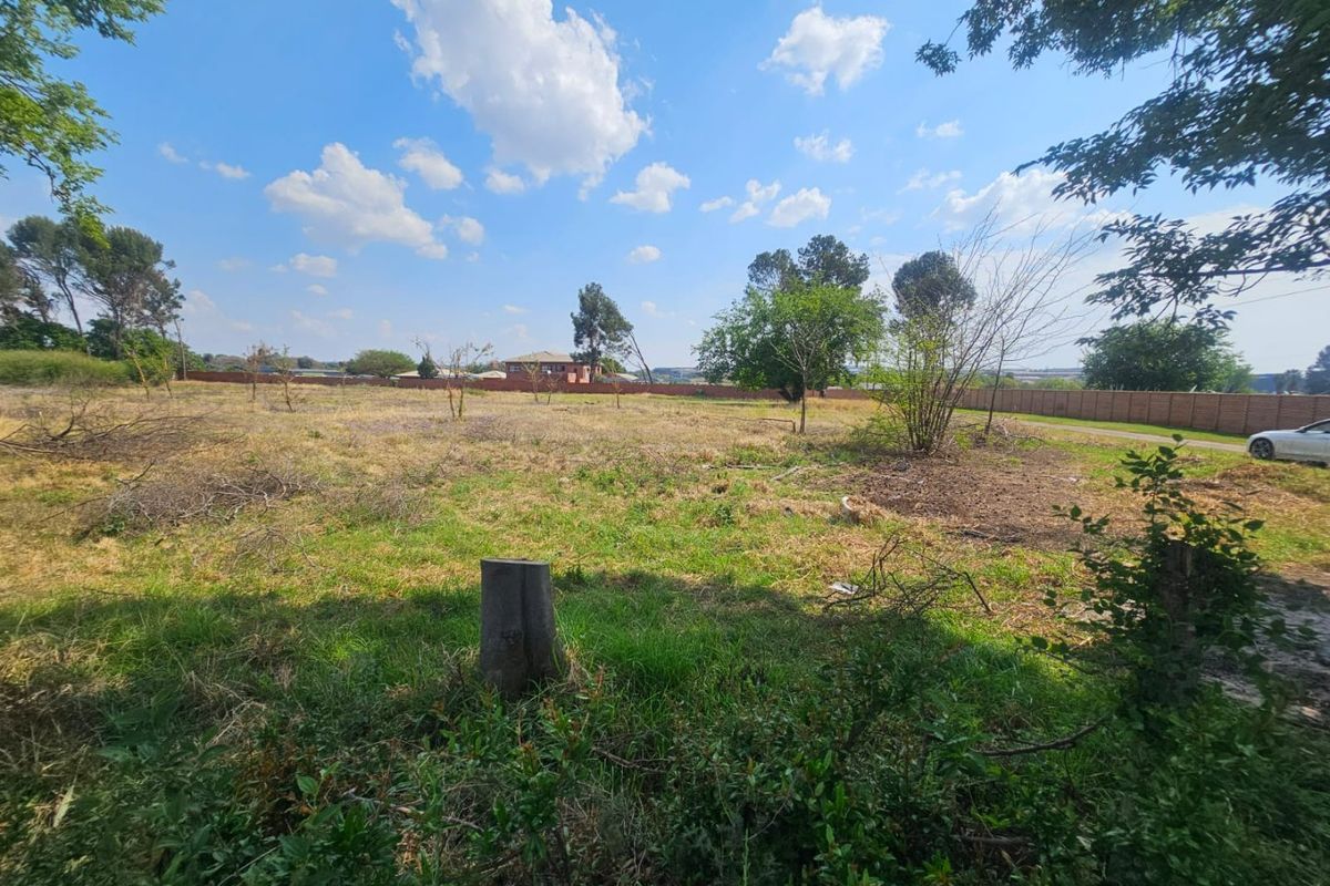 A wide-angle view of a vacant residential plot featuring established trees, natural grass cover, and a perimeter brick boundary wall.