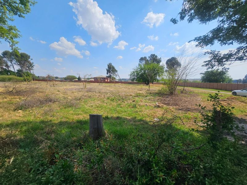 A wide-angle view of a vacant residential plot featuring established trees, natural grass cover, and a perimeter brick boundary wall.