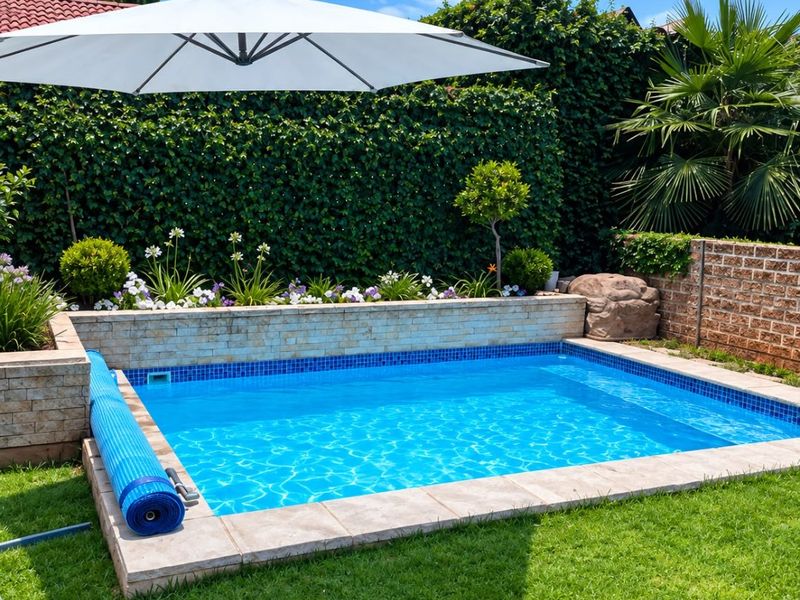 A well-maintained swimming pool featuring stone-clad retaining walls, surrounded by a lush green lawn and established garden borders.